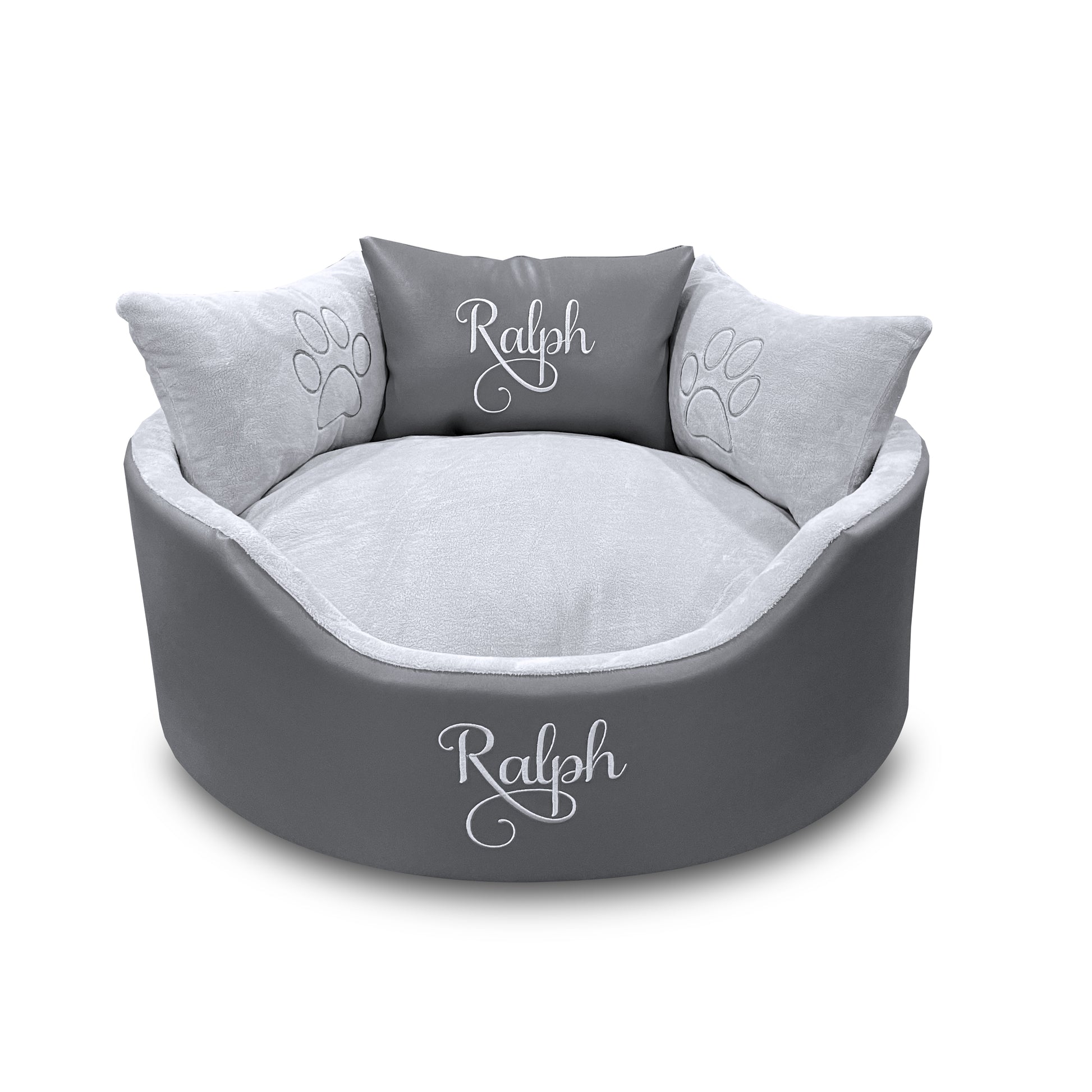 Personalised Grey Leather & Silver Super Soft Dog & Cat Bed – Luxury Custom Pet Bed