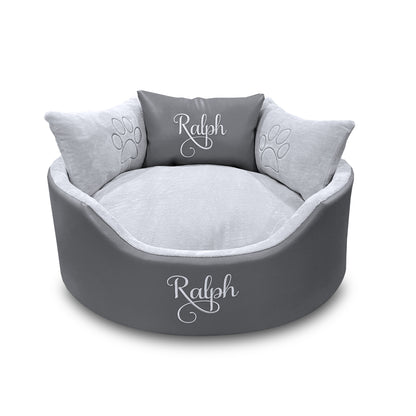 Personalised Grey Leather & Silver Super Soft Dog & Cat Bed – Luxury Custom Pet Bed
