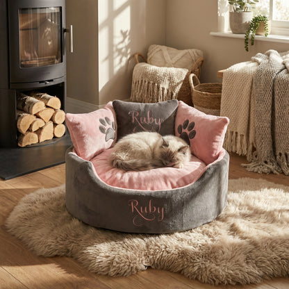Personalised Grey & Pink Super Soft Cat Bed