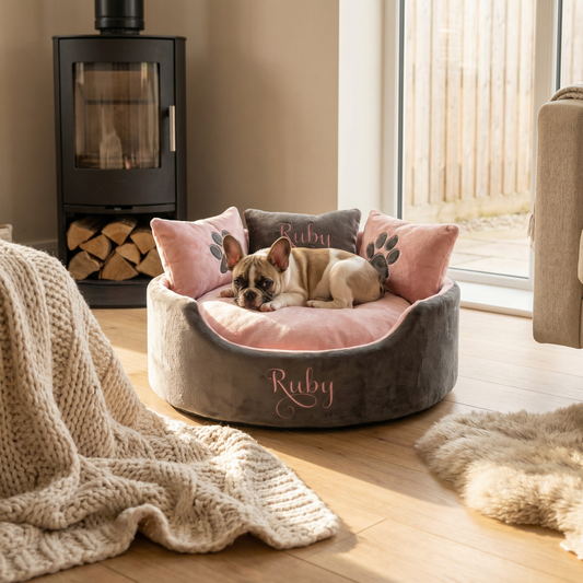 Personalised Grey & Pink Super Soft Dog Bed