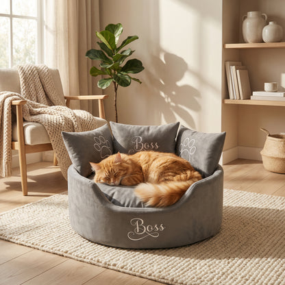Personalised Grey Suede Cat Bed