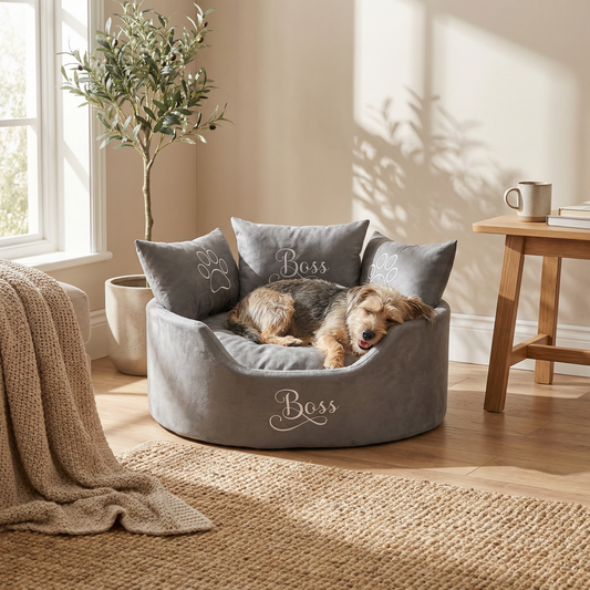 Personalised Grey Suede Dog Bed