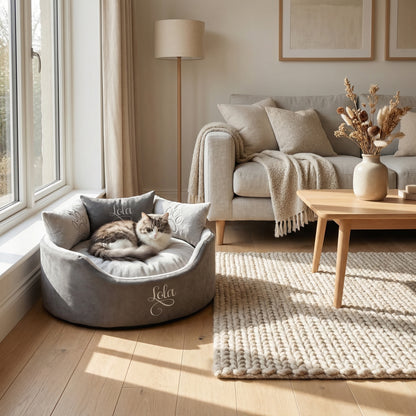 Personalised Grey Suede & Silver Super Soft Cat Bed