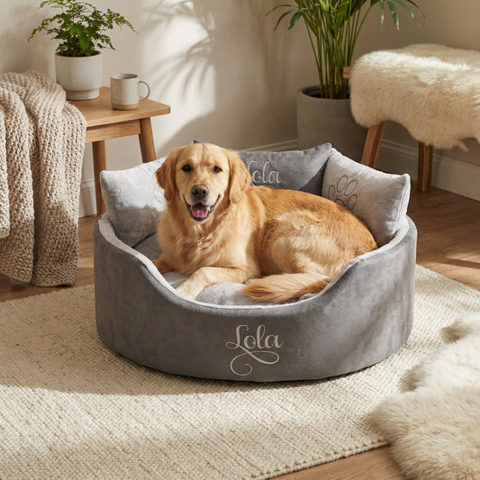 Personalised Grey Suede & Silver Super Soft Dog Bed
