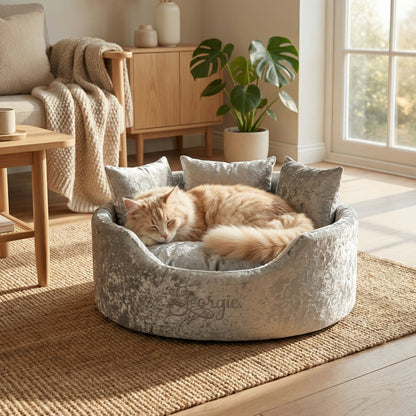 Personalised Silver Crushed Velvet Cat Bed