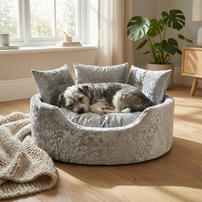 Personalised Silver Crushed Velvet Dog Bed
