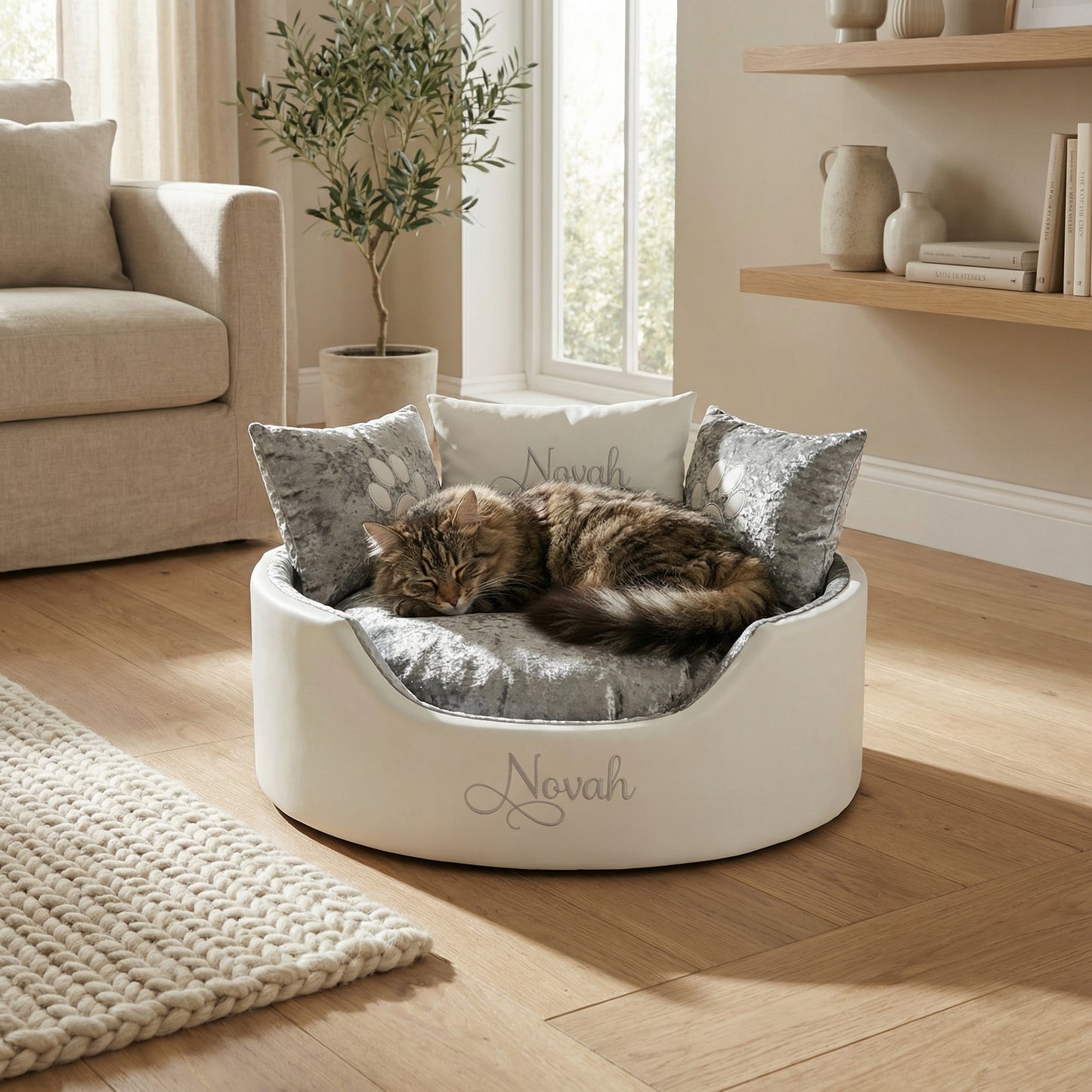 Personalised White Leather & Silver Crushed Velvet Cat Bed