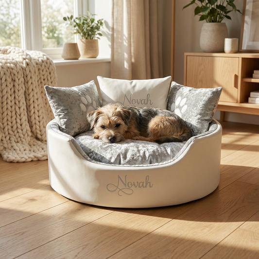 Personalised White Leather & Silver Crushed Velvet Dog Bed