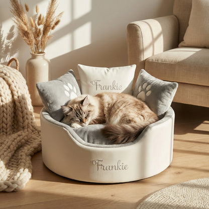 Personalised White Leather & Silver Super Soft Cat Bed