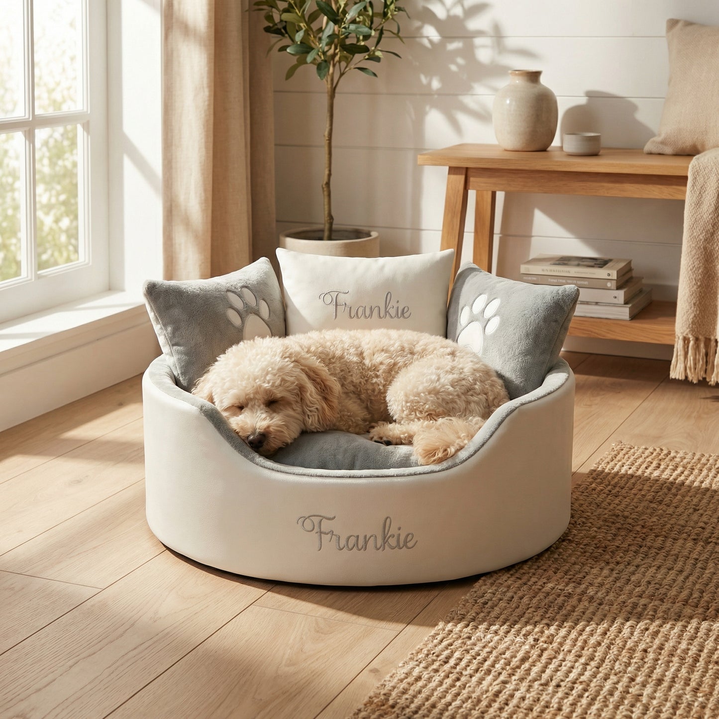 Personalised White Leather & Silver Super Soft Dog Bed