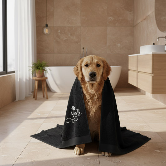 Soft absorbent black dog and cat towel with personalised name embroidery, perfect for bath time or drying after walks.