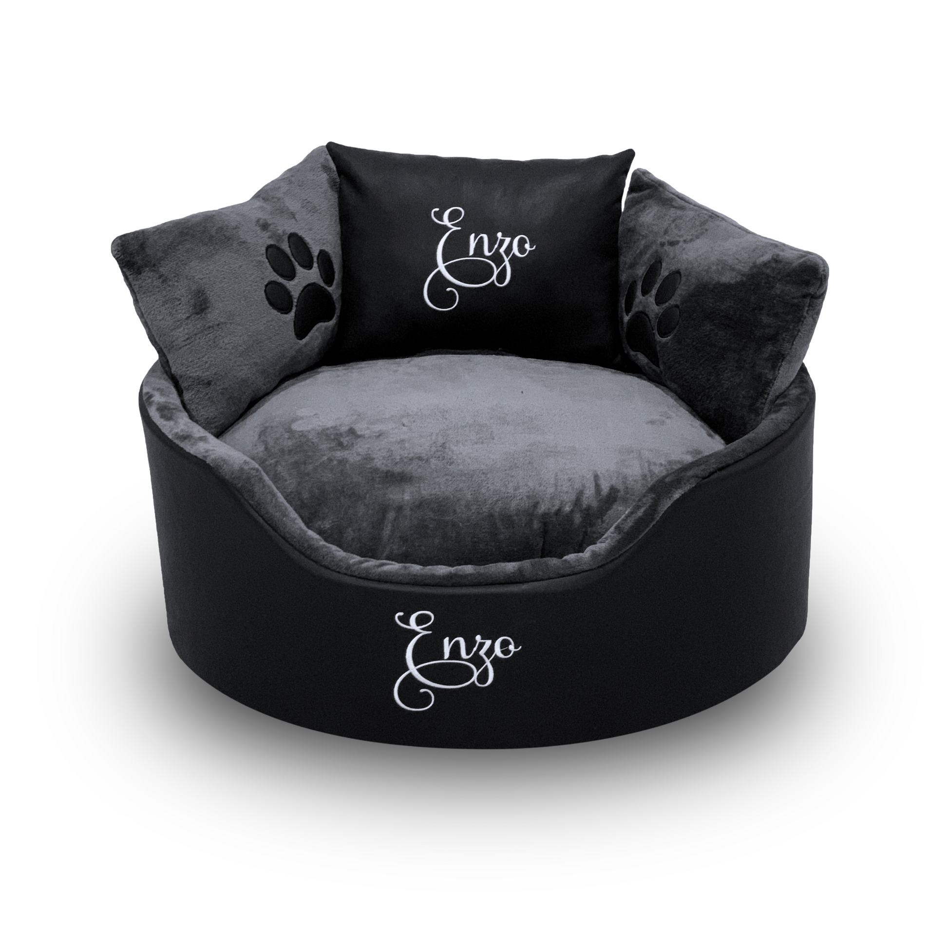 Soft black leather and grey dog and cat bed with personalised name embroidery, providing comfort and style for your pet.