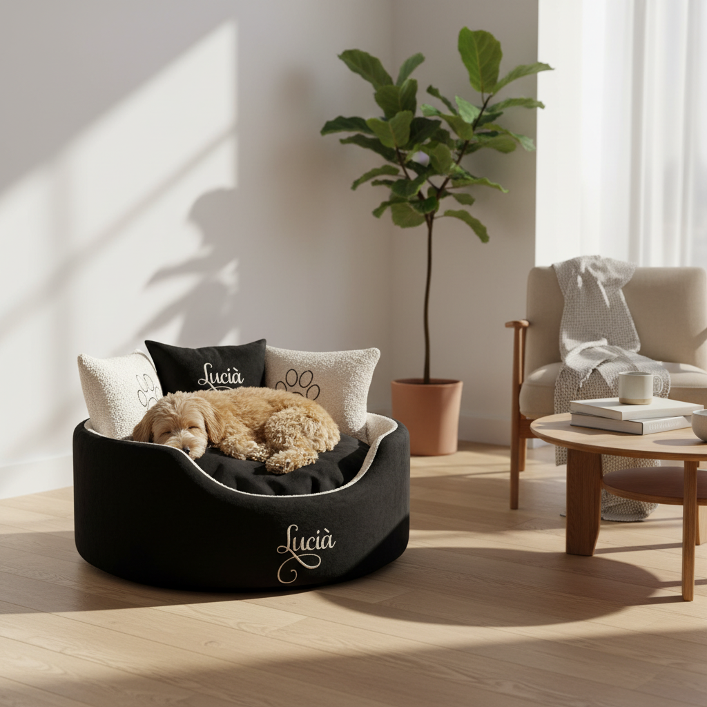 Personalised Black and cream cat and dog bed with cream text and paw prints 