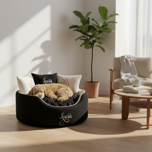 Personalised Black and cream cat and dog bed with cream text and paw prints 