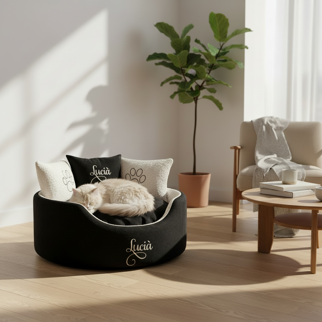 Personalised Black and cream cat and dog bed with cream text and paw prints 