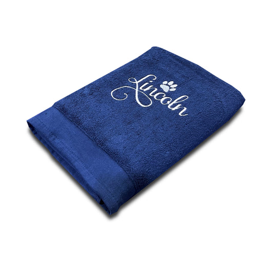 Soft absorbent blue dog and cat towel with personalised name embroidery, perfect for bath time or drying after walks.