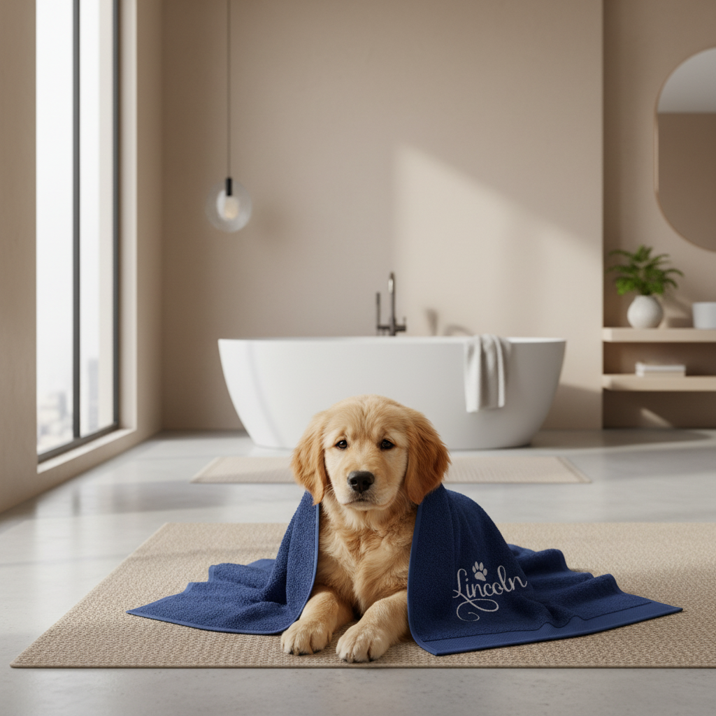 Soft absorbent blue dog and cat towel with personalised name embroidery, perfect for bath time or drying after walks.
