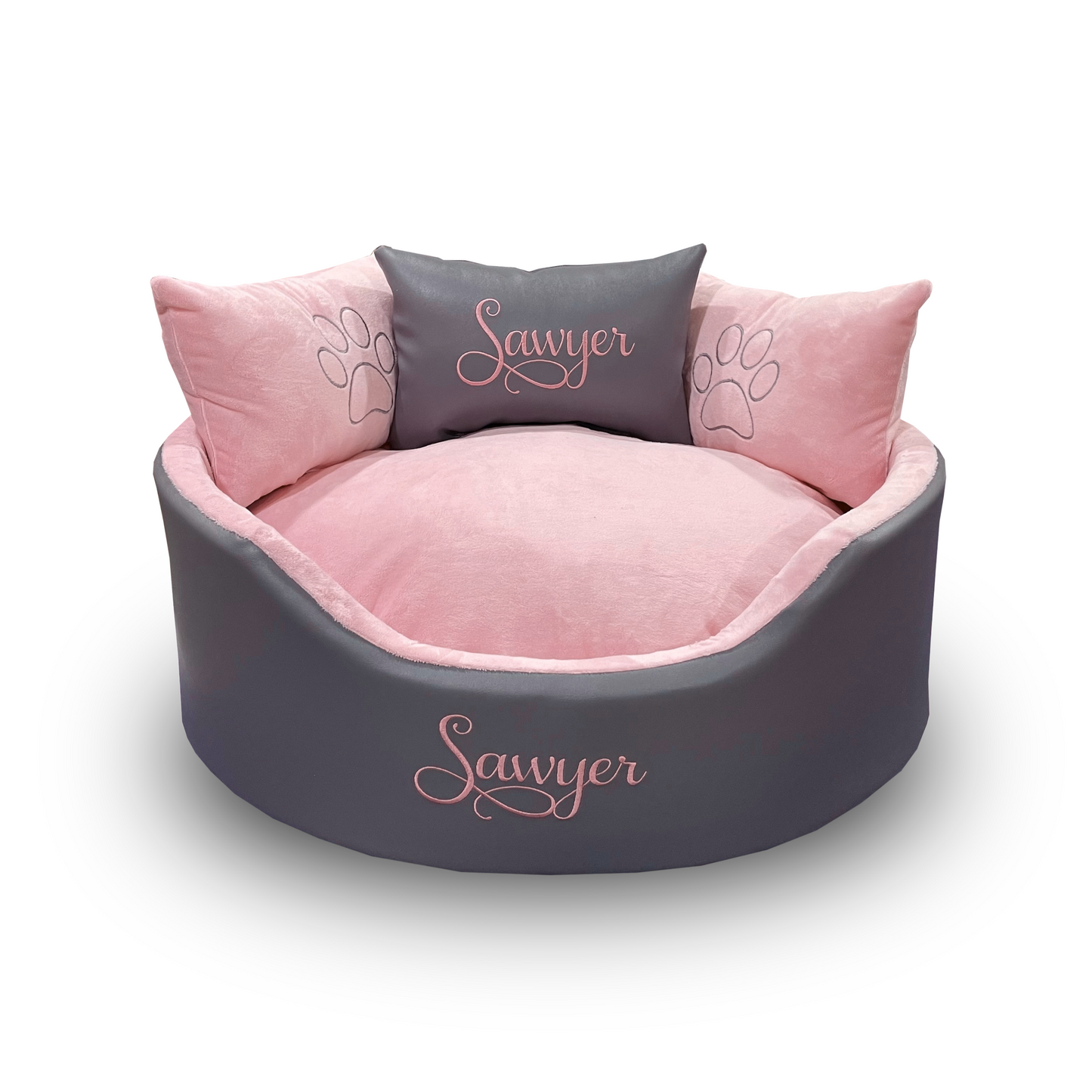 Soft and cozy grey and pink dog and cat bed with personalised name embroidery for ultimate pet comfort.