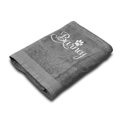 Soft absorbent grey dog and cat towel with personalised name embroidery, perfect for bath time or drying after walks.