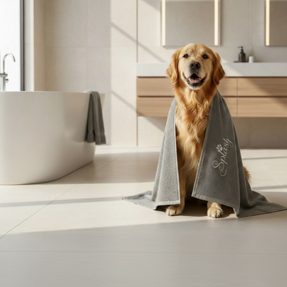Soft absorbent grey dog and cat towel with personalised name embroidery, perfect for bath time or drying after walks.