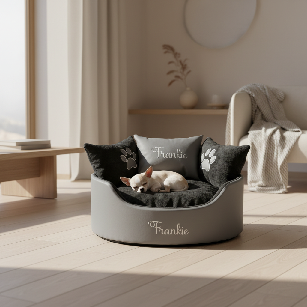 Soft grey leather and black dog and cat bed with personalised name embroidery, providing comfort and style for your pet.