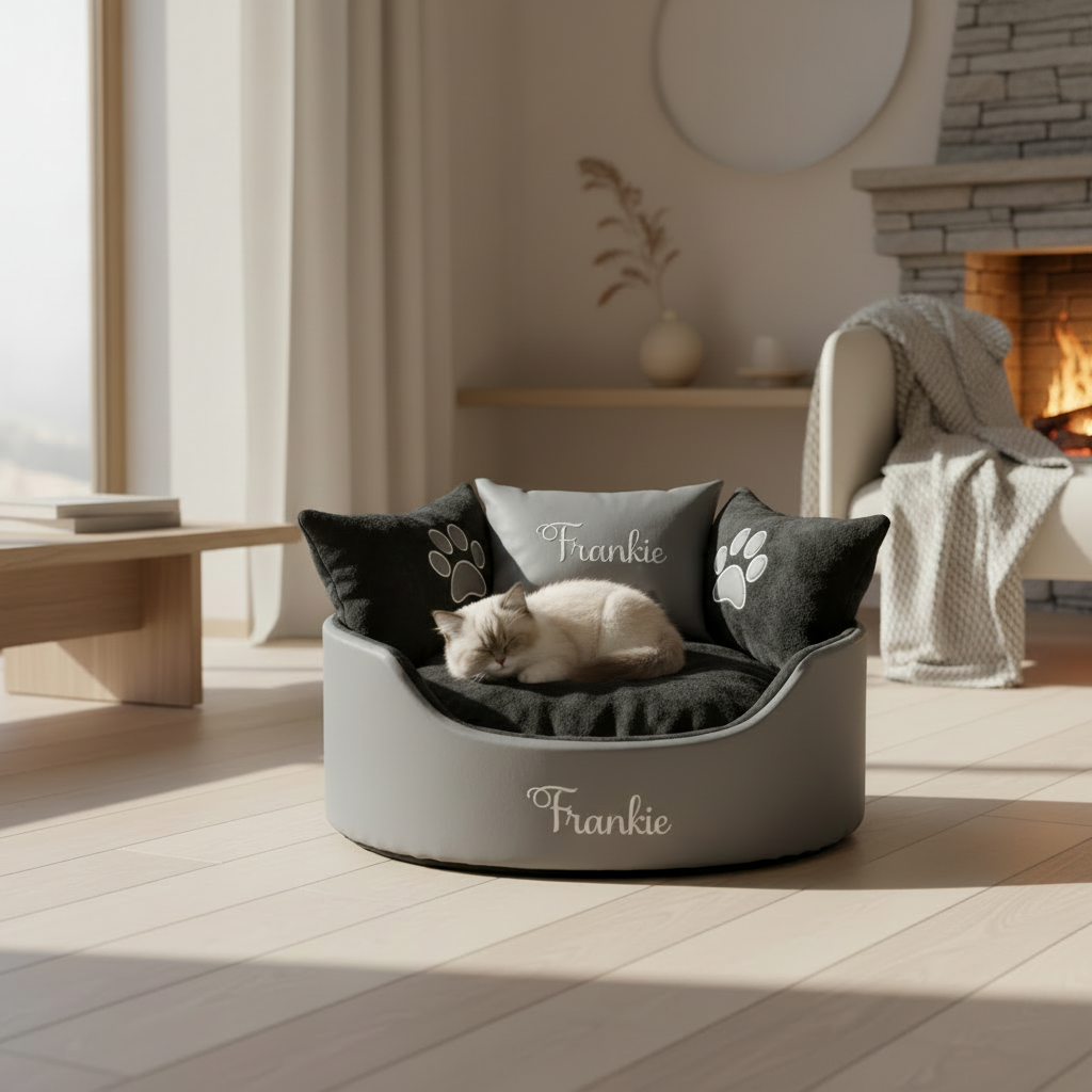 Soft grey leather and black dog and cat bed with personalised name embroidery, providing comfort and style for your pet.