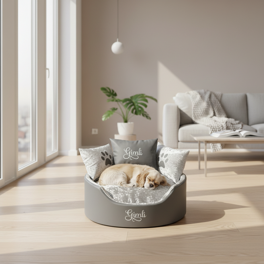 Soft grey leather and silver crushed  dog and cat bed with personalised name embroidery, providing comfort and style for your pet.