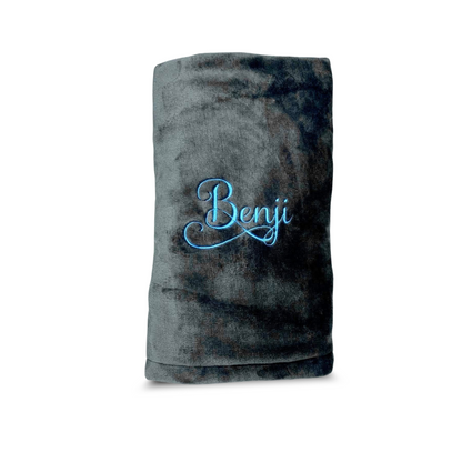 Luxurious grey with blue writing dog and cat blanket with personalised name embroidery, soft and elegant for pampered pets.