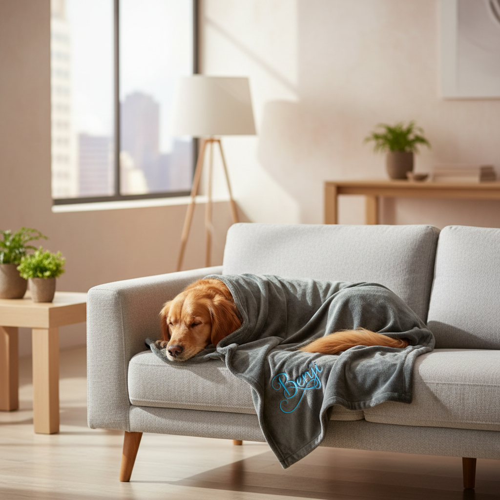 Luxurious grey with blue writing dog and cat blanket with personalised name embroidery, soft and elegant for pampered pets.