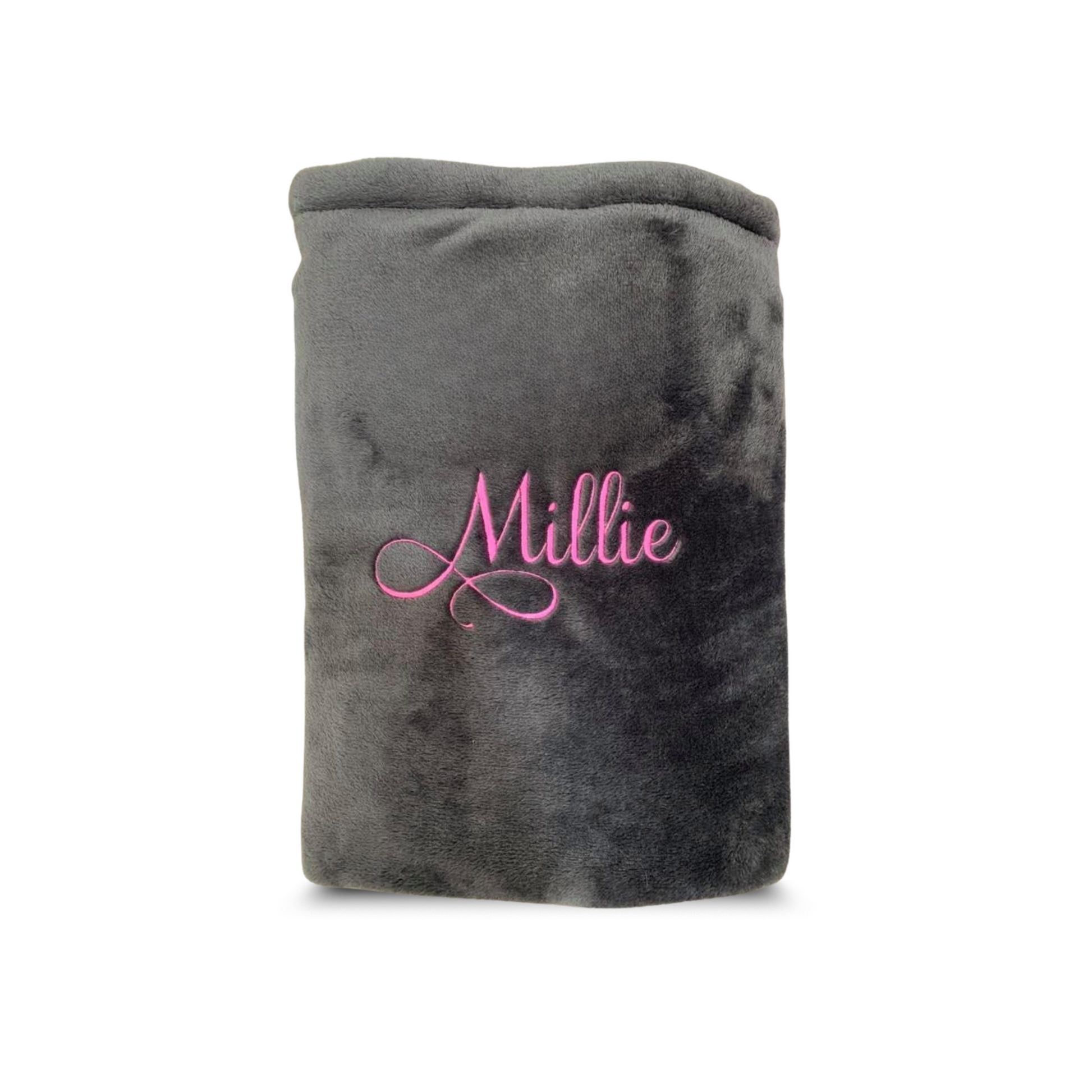 Luxurious grey with pink writing dog and cat blanket with personalised name embroidery, soft and elegant for pampered pets.