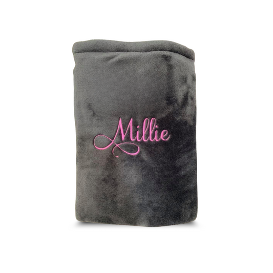 Luxurious grey with pink writing dog and cat blanket with personalised name embroidery, soft and elegant for pampered pets.