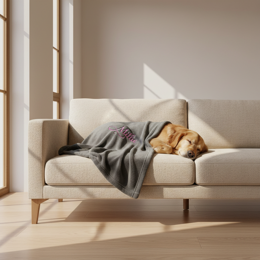 Luxurious grey with pink writing dog and cat blanket with personalised name embroidery, soft and elegant for pampered pets.