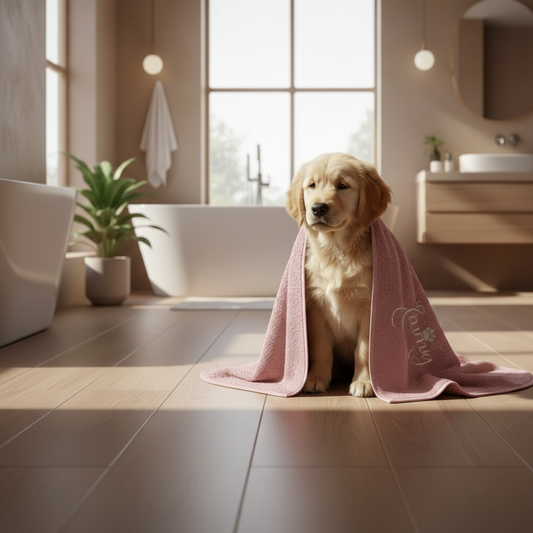 Soft absorbent pink dog and cat towel with personalised name embroidery, perfect for bath time or drying after walks.