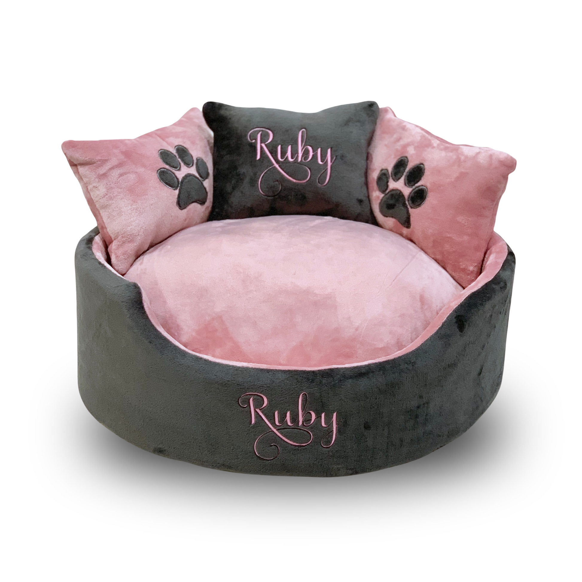 Soft pink and grey dog and cat bed with personalised name embroidery, providing comfort and style for your pet.