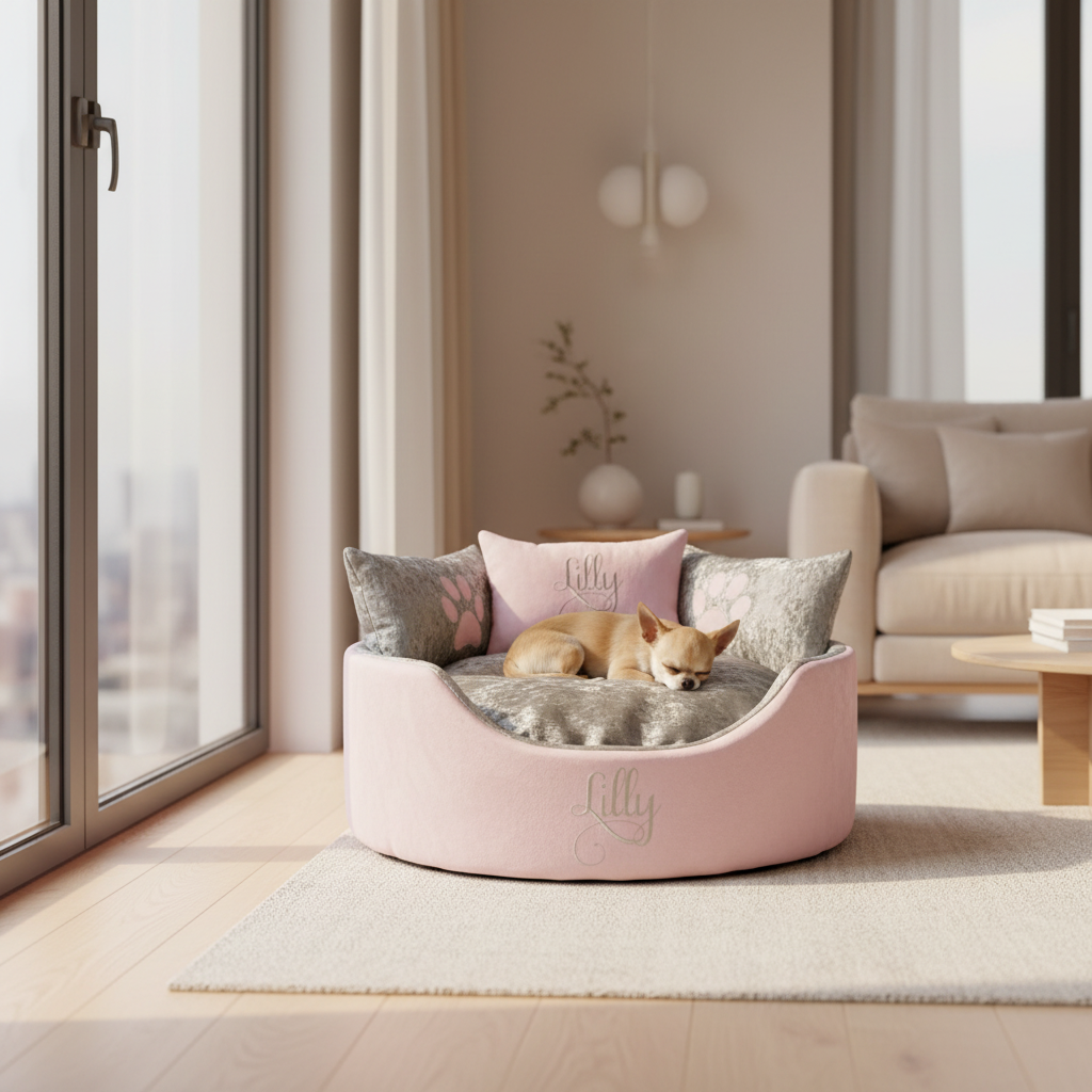 Soft pink suede and silver crushed dog and cat bed with personalised name embroidery, providing comfort and style for your pet.