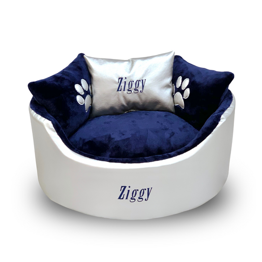 Soft and cozy silver and navy dog and cat bed with personalised name embroidery for ultimate pet comfort.