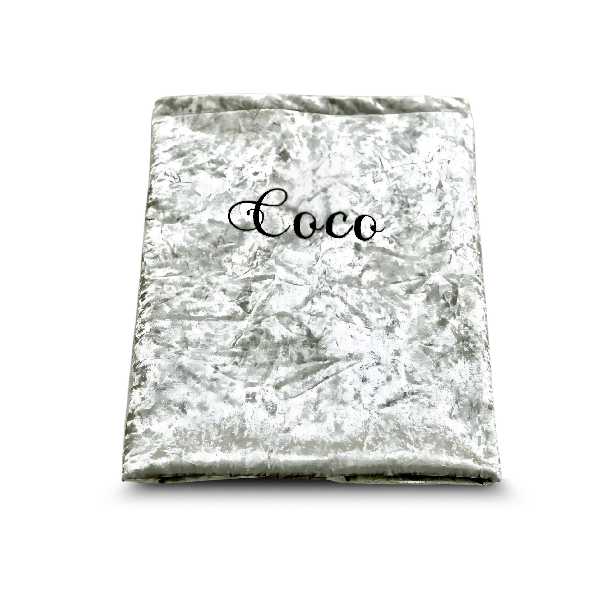 Luxurious silver crushed velvet dog and cat blanket with personalised name embroidery, soft and elegant for pampered pets.