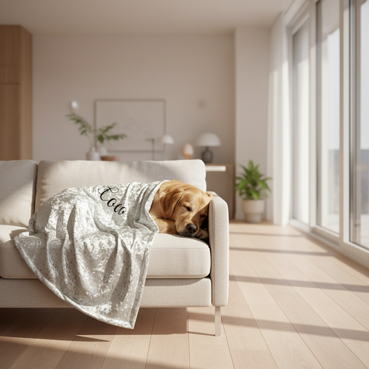 Luxurious silver crushed velvet dog and cat blanket with personalised name embroidery, soft and elegant for pampered pets.