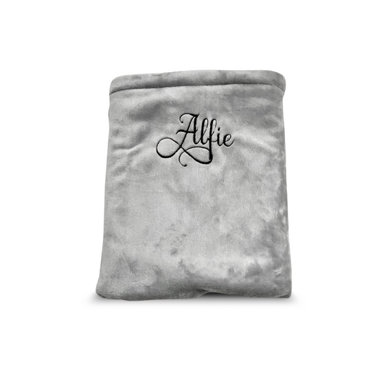 Luxurious silver dog and cat blanket with personalised name embroidery, soft and elegant for pampered pets.