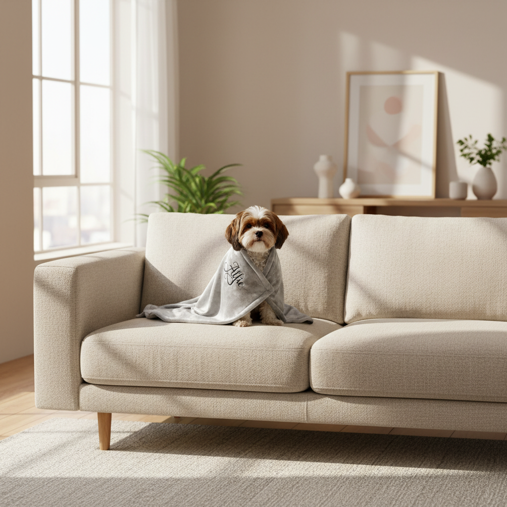 Luxurious silver dog and cat blanket with personalised name embroidery, soft and elegant for pampered pets.