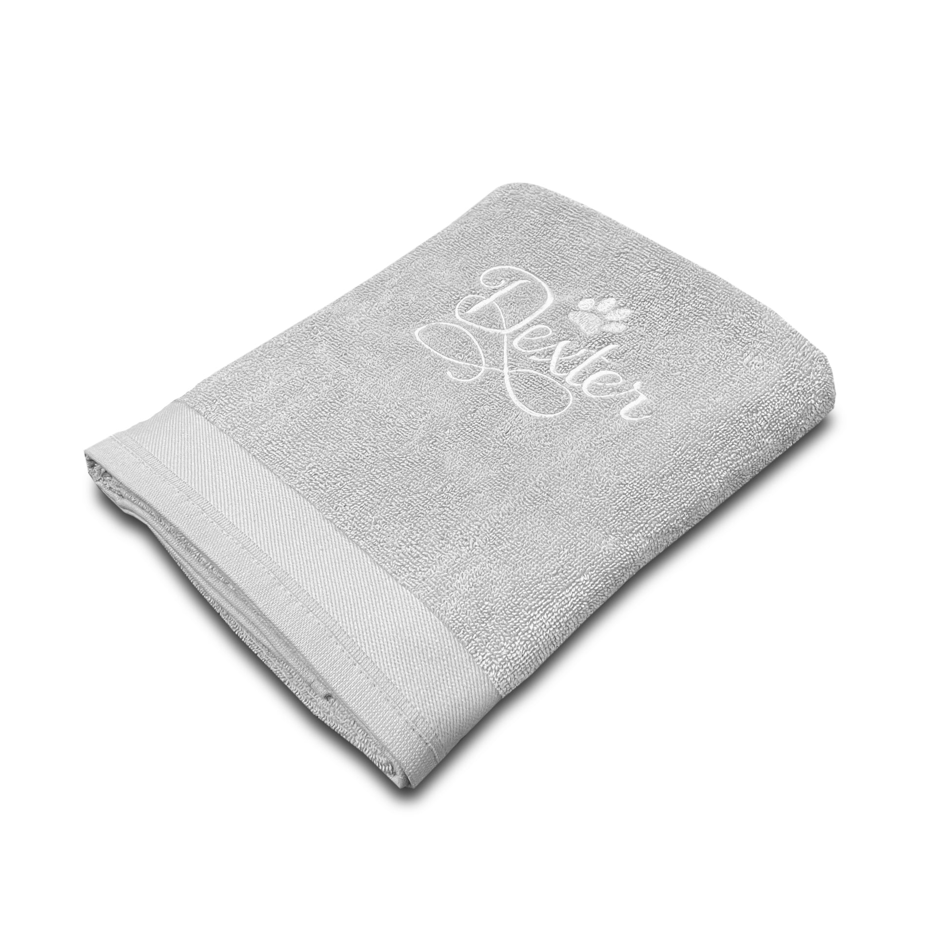Soft absorbent silver dog and cat towel with personalised name embroidery, perfect for bath time or drying after walks.