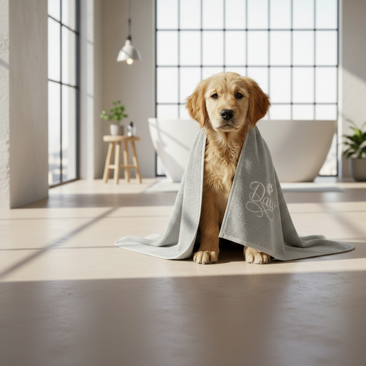 Soft absorbent silver dog and cat towel with personalised name embroidery, perfect for bath time or drying after walks.