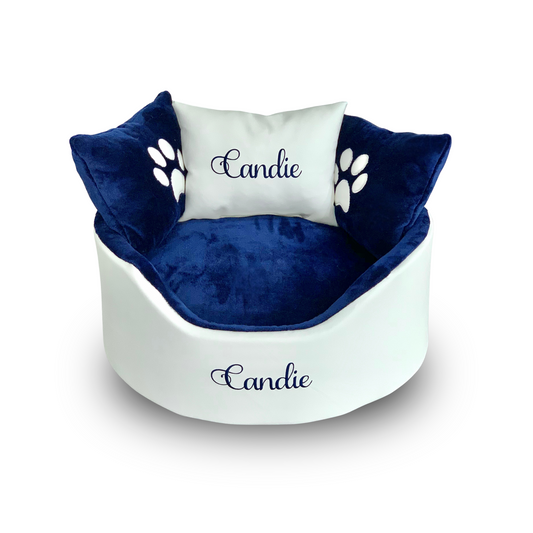 Personalised white and navy pet bed with custom embroidered name, perfect for dogs and cats.