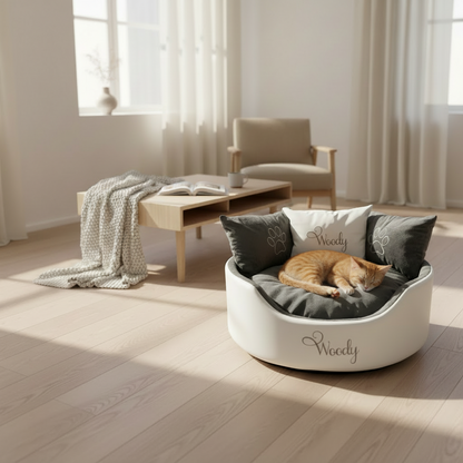 Soft white leather and grey dog and cat bed with personalised name embroidery, providing comfort and style for your pet.