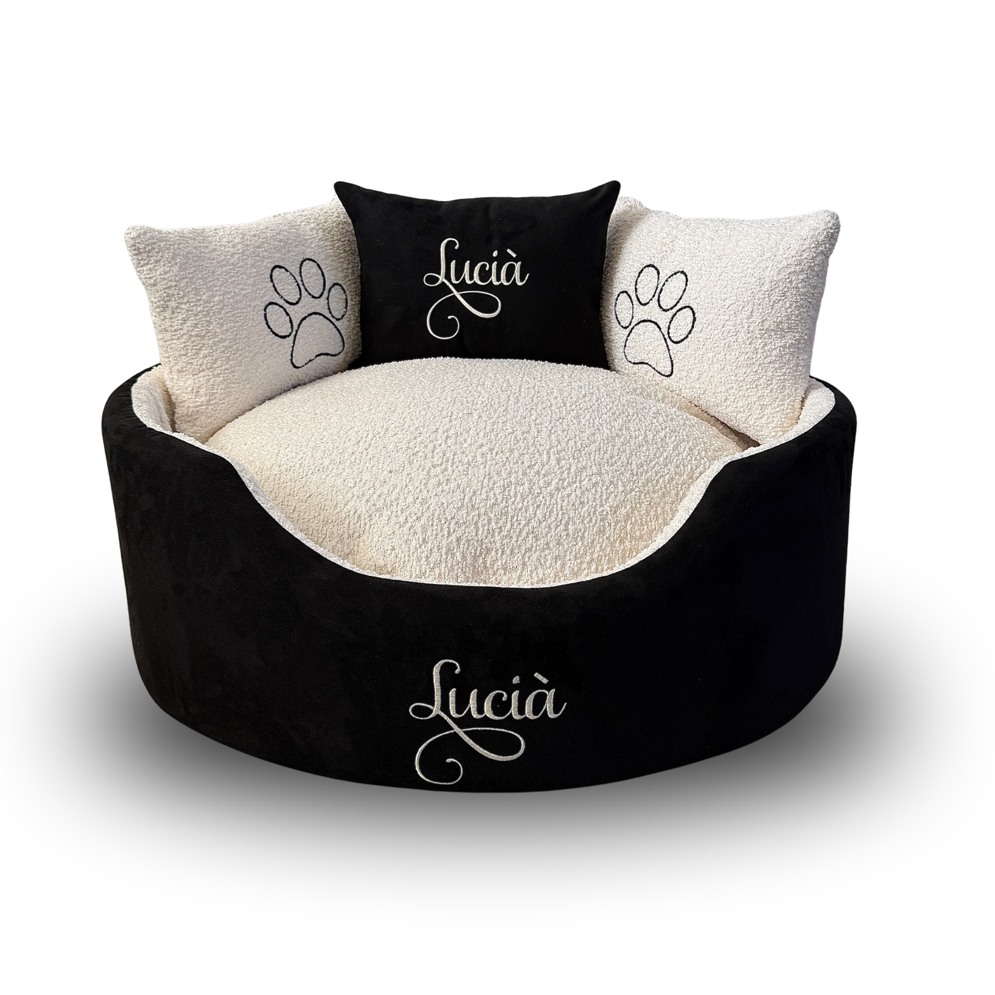 black suede and cream cat and dog bed