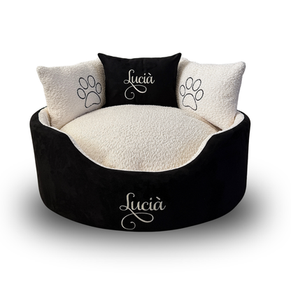 black suede and cream cat and dog bed