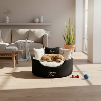 black suede and cream cat and dog bed