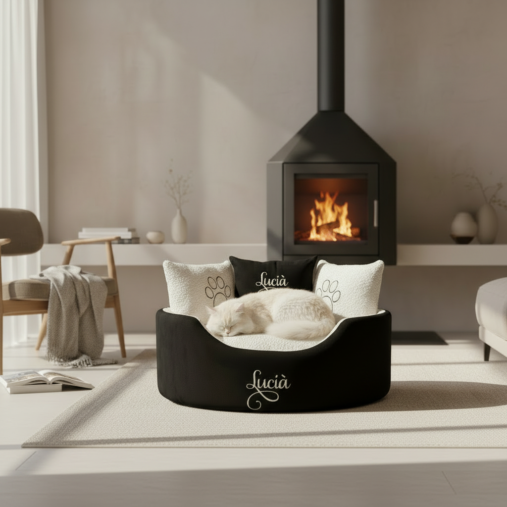 Luxury black suede and cream personalised cat bed