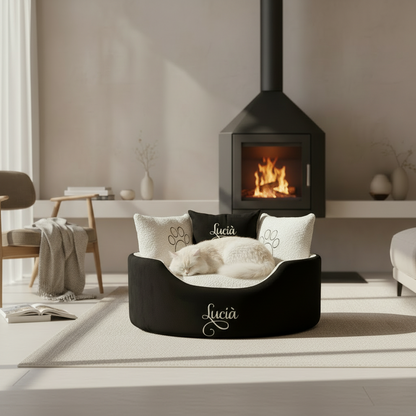 Luxury black suede and cream personalised cat bed
