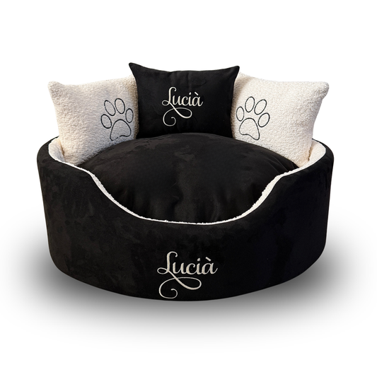 Personalised Black Suede And Cream Pet Bed